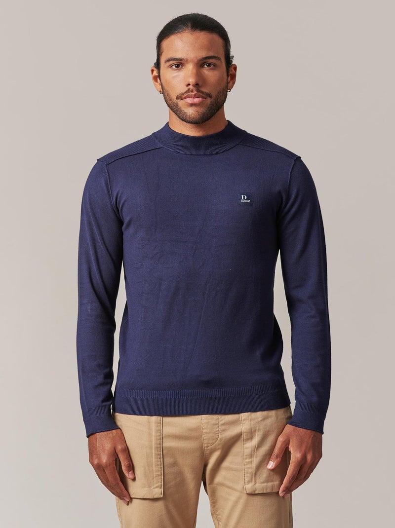 Pull col rond légèrement montant avec empiècement épaules et dos en maille côtelée 'Deeluxe' Bleu marine - Kiabi