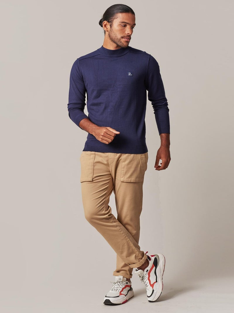 Pull col rond légèrement montant avec empiècement épaules et dos en maille côtelée 'Deeluxe' Bleu marine - Kiabi