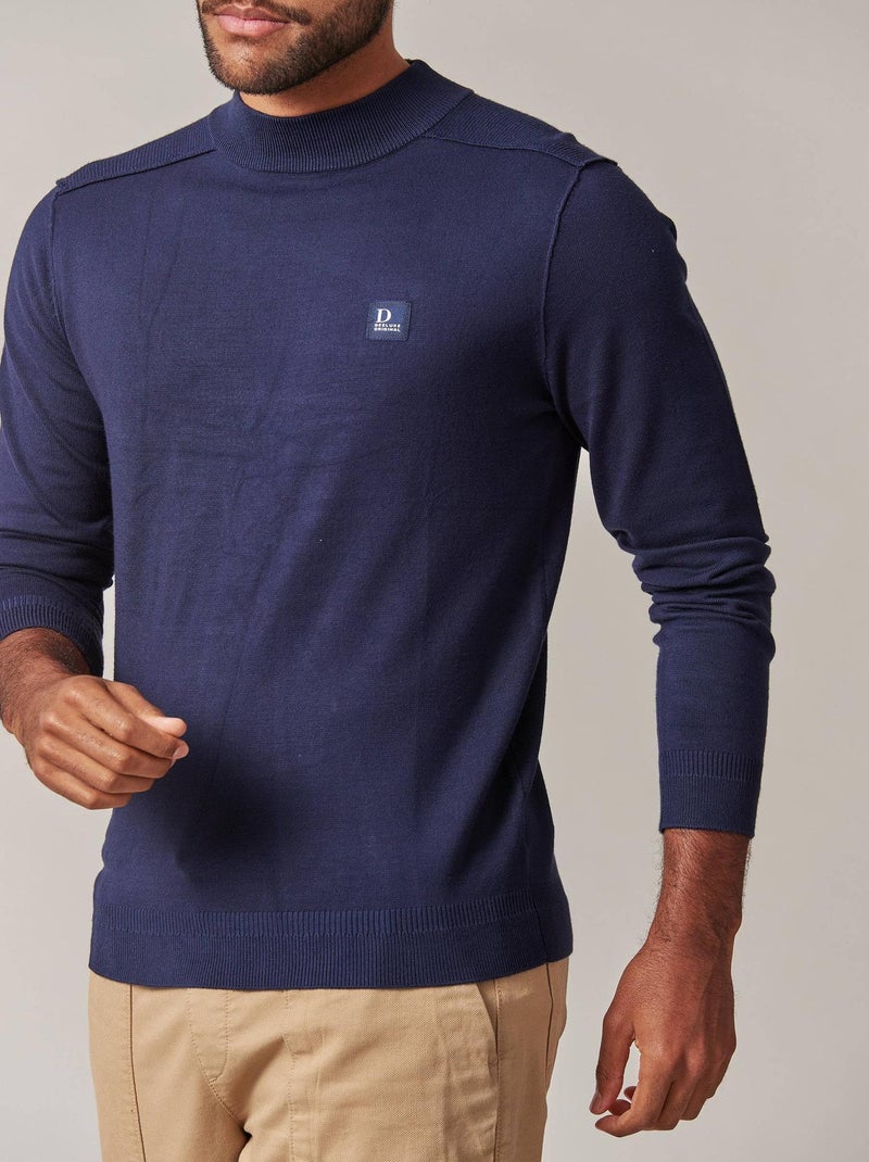 Pull col rond légèrement montant avec empiècement épaules et dos en maille côtelée 'Deeluxe' Bleu marine - Kiabi