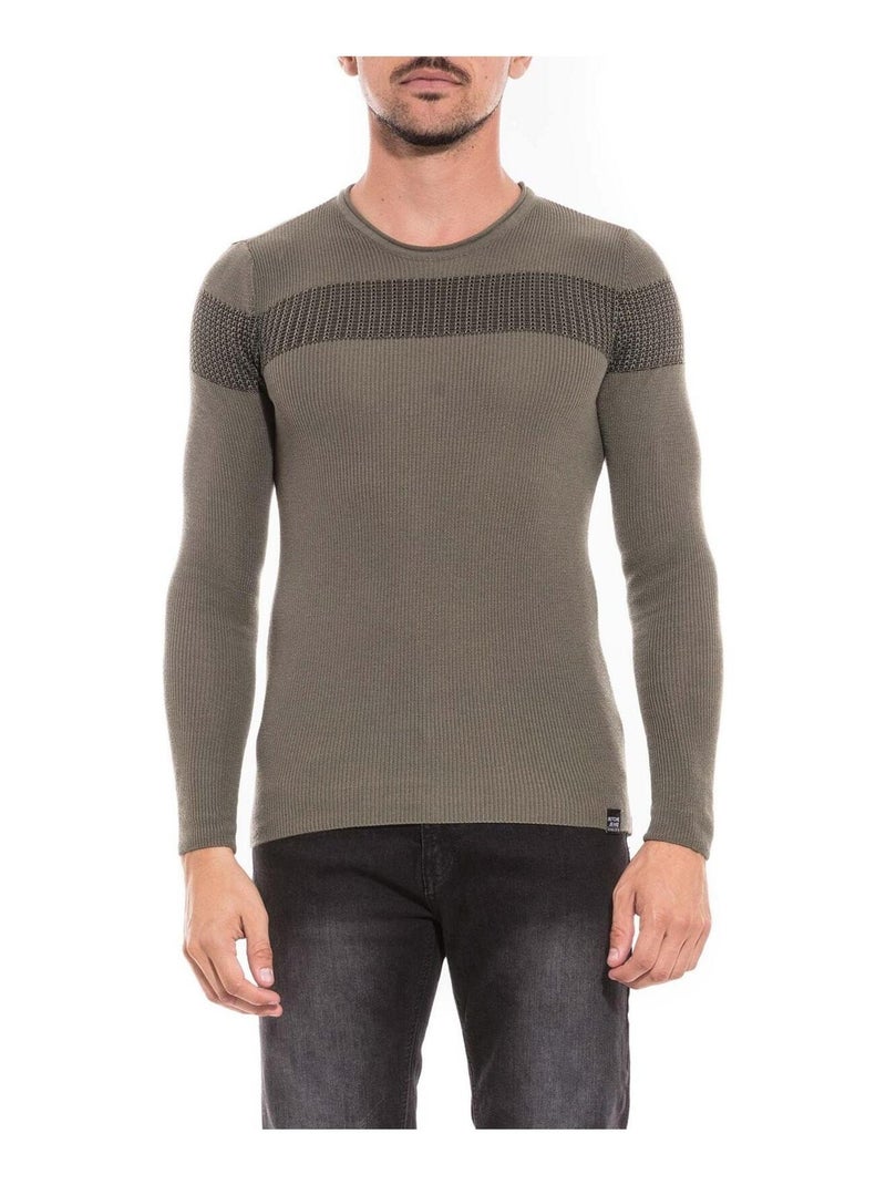 Pull col rond LYONET Kaki - Kiabi