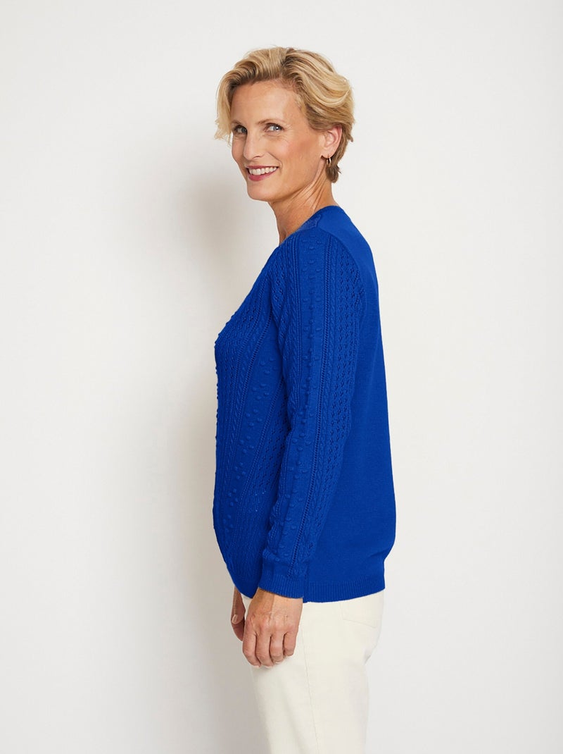 Pull col rond maille ajourée et boules - Afibel Bleu - Kiabi