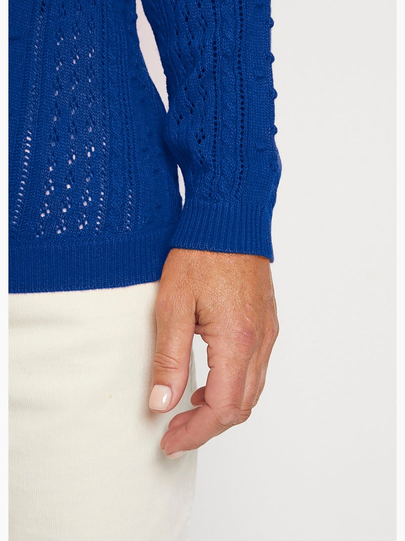 Pull col rond maille ajourée et boules - Afibel Bleu - Kiabi