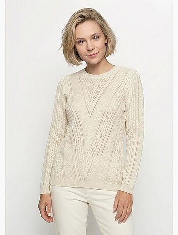 Pull col rond maille ajourée et boules - Afibel