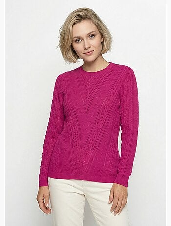 Pull col rond maille ajourée et boules - Afibel