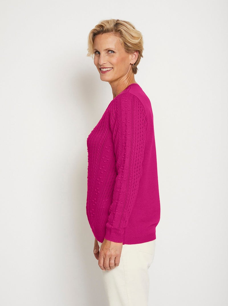 Pull col rond maille ajourée et boules - Afibel Rose fushia - Kiabi