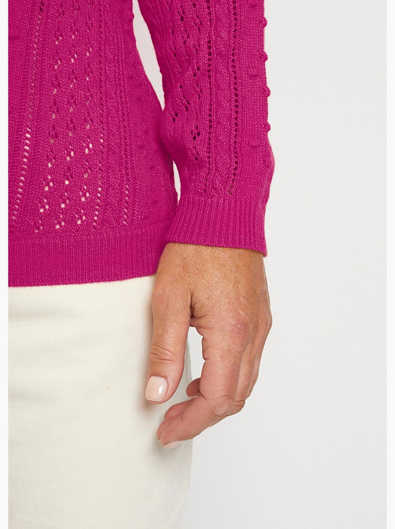 Pull col rond maille ajourée et boules - Afibel Rose fushia - Kiabi