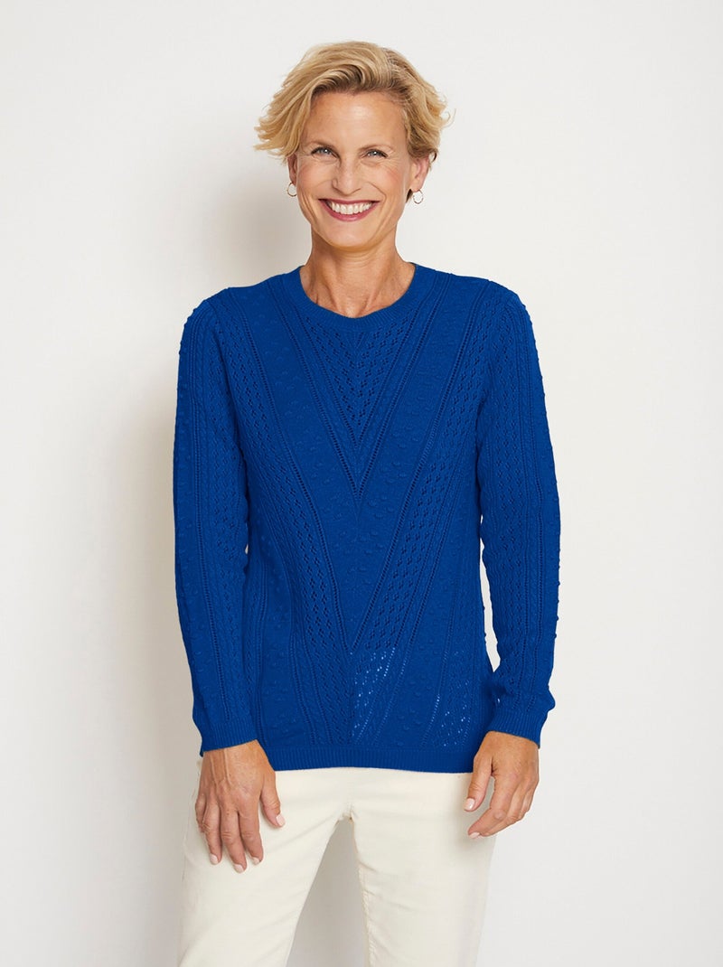 Pull col rond maille ajourée et boules Bleu - Kiabi