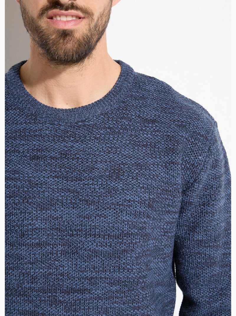 Pull col rond maille chinée laine manches longues Bleu - Kiabi