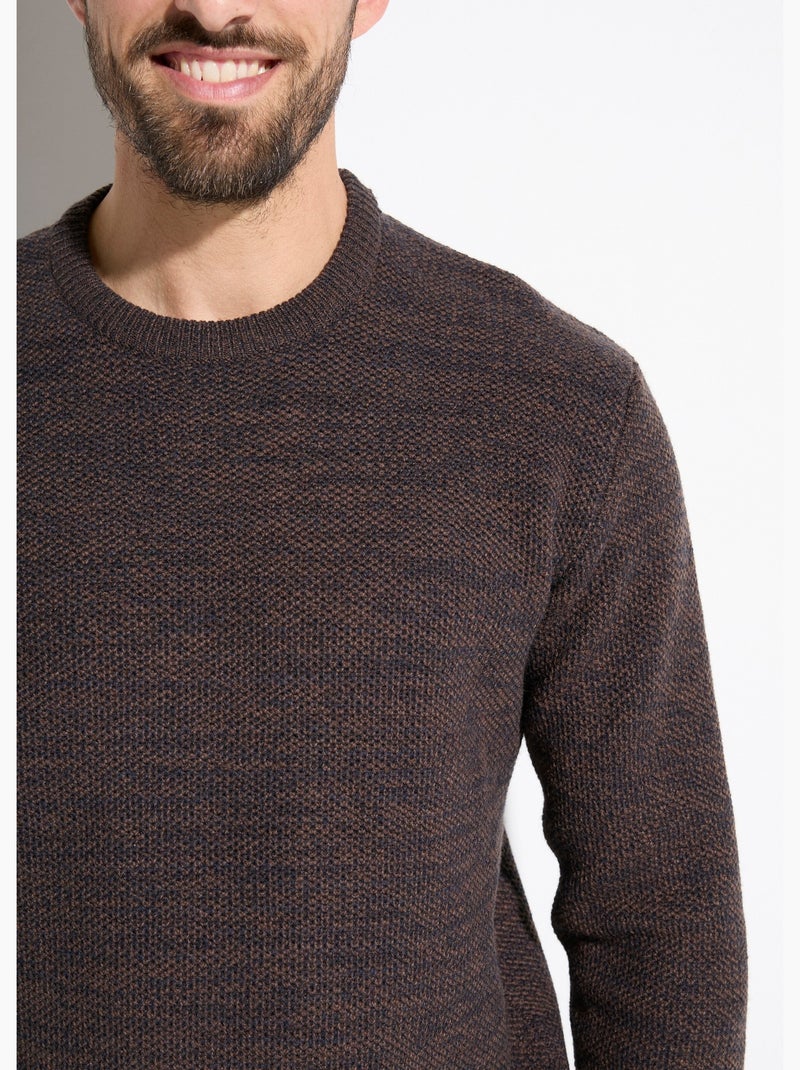 Pull col rond maille chinée laine manches longues Marron - Kiabi