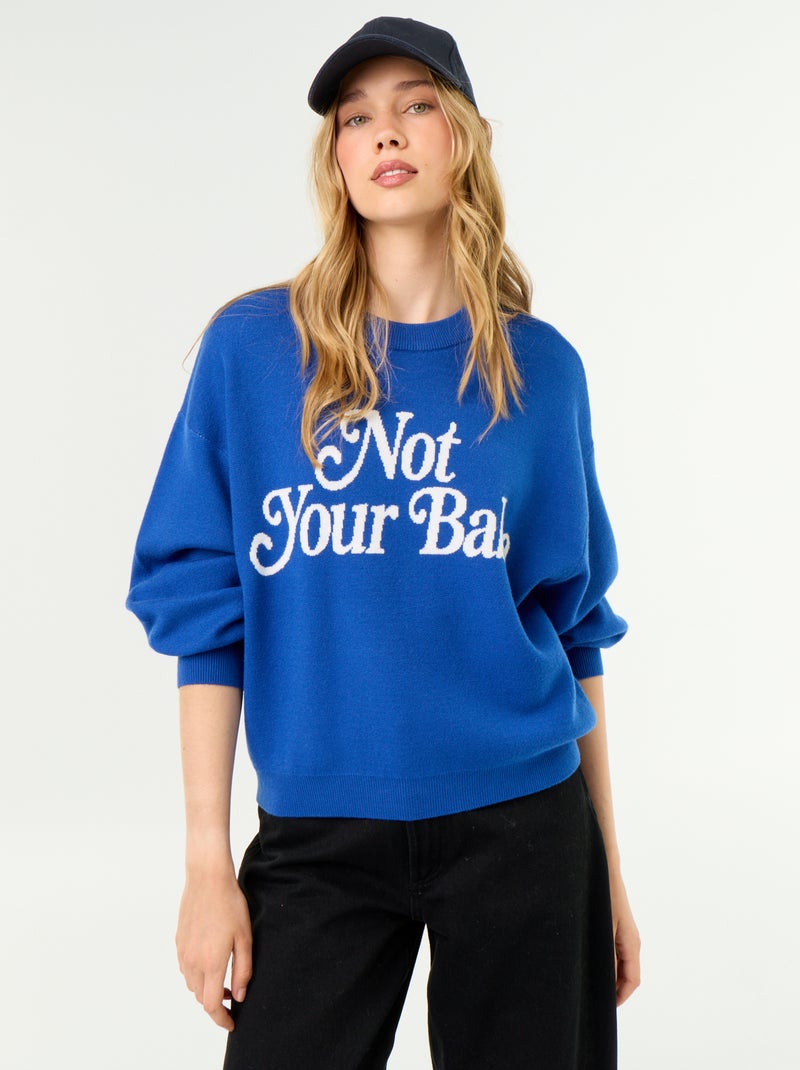 Pull col rond maille douce avec inscription Bleu - Kiabi