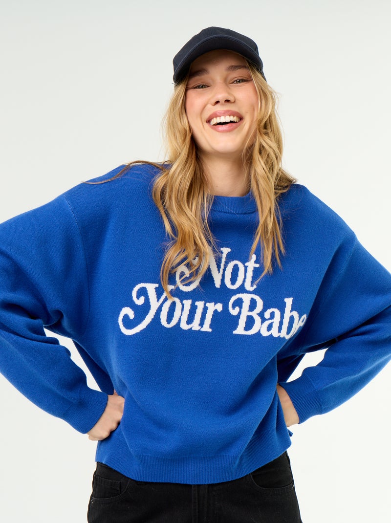 Pull col rond maille douce avec inscription Bleu - Kiabi