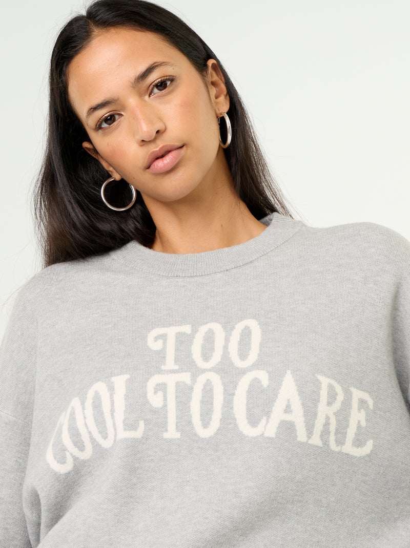 Pull col rond maille douce avec inscription Gris - Kiabi