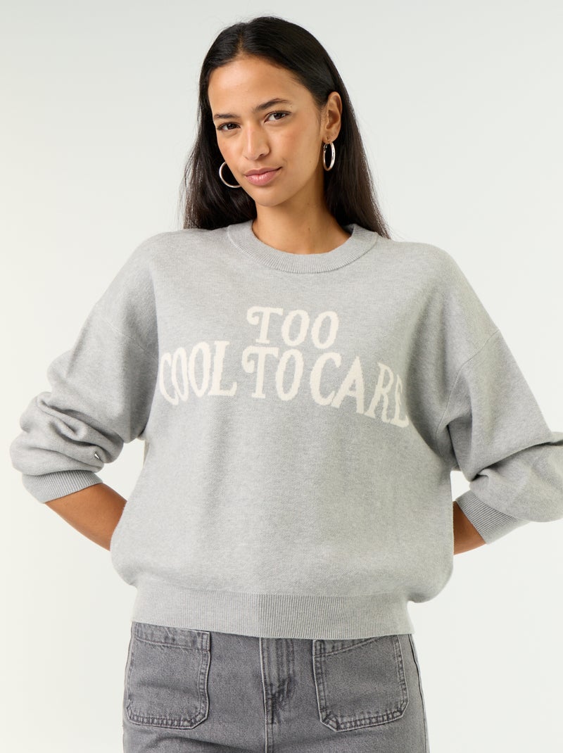 Pull col rond maille douce avec inscription Gris - Kiabi