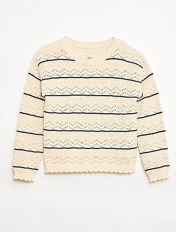 Pull col rond maillé fantaisie avec motifs ajourés en coton