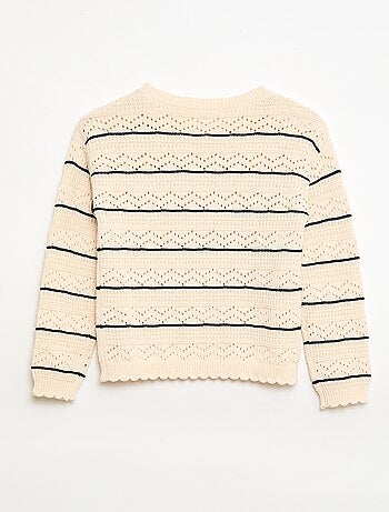 Pull col rond maillé fantaisie avec motifs ajourés en coton