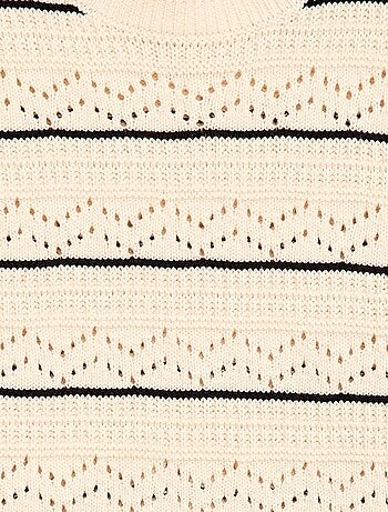 Pull col rond maillé fantaisie avec motifs ajourés en coton