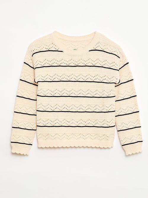 Pull col rond maillé fantaisie avec motifs ajourés en coton - Kiabi