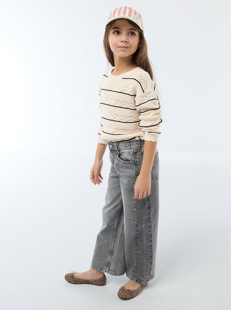 Pull col rond maillé fantaisie avec motifs ajourés en coton Blanc - Kiabi