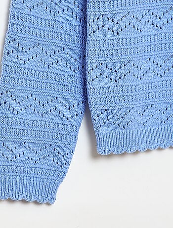 Pull col rond maillé fantaisie avec motifs ajourés en coton