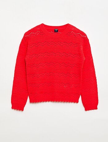 Pull col rond maillé fantaisie avec motifs ajourés en coton