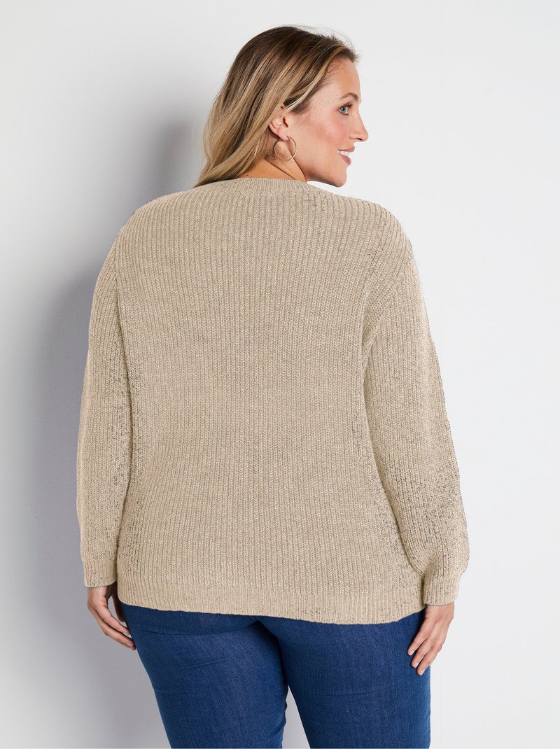 Pull col rond maille perlée avec laine Beige - Kiabi