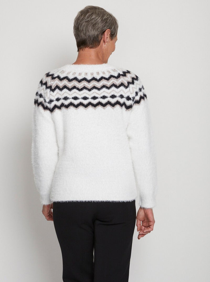 Pull col rond maille poilue jacquard soleil - Afibel Blanc - Kiabi