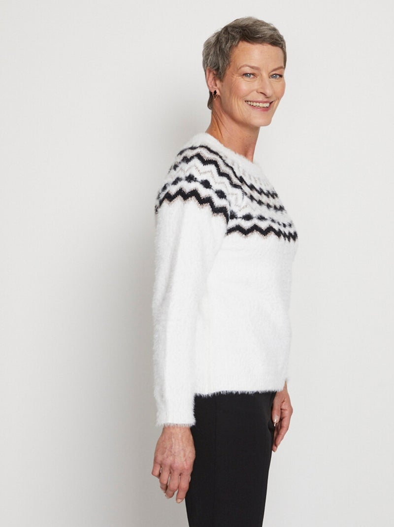 Pull col rond maille poilue jacquard soleil - Afibel Blanc - Kiabi