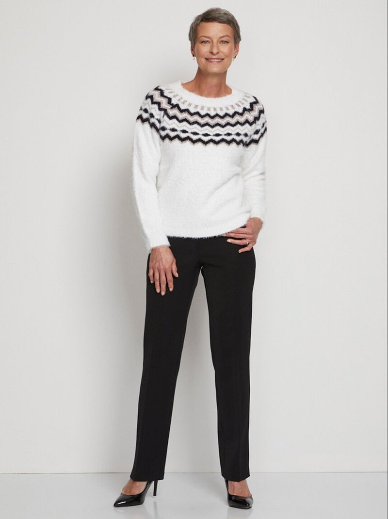 Pull col rond maille poilue jacquard soleil - Afibel Blanc - Kiabi