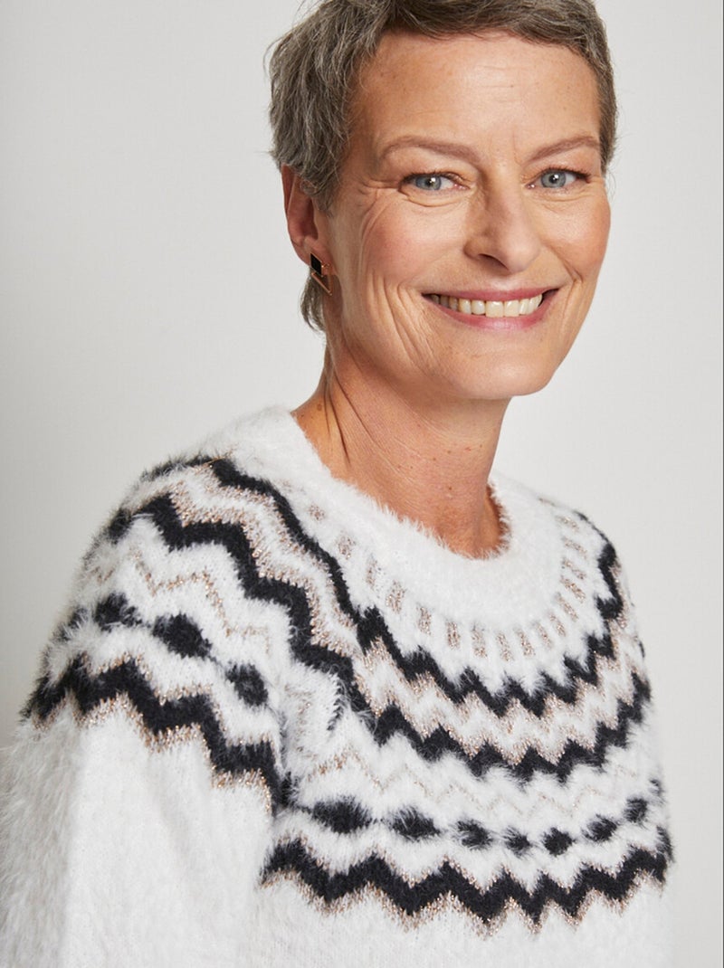 Pull col rond maille poilue jacquard soleil - Afibel Blanc - Kiabi