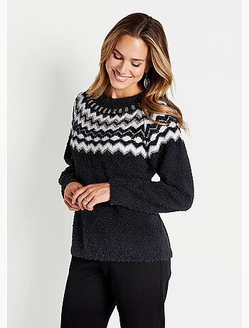 Pull col rond maille poilue jacquard soleil - Afibel