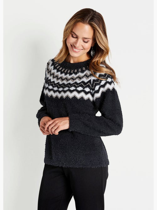 Pull col rond maille poilue jacquard soleil - Afibel - Kiabi