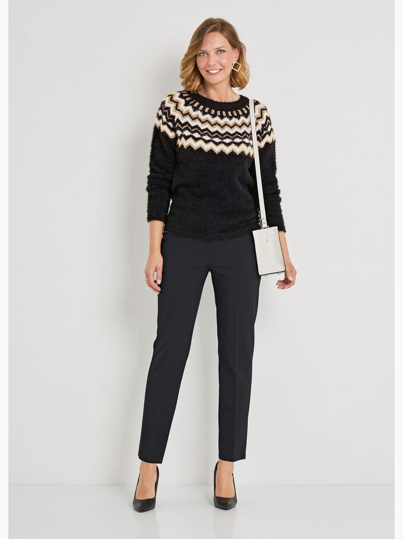 Pull col rond maille poilue jacquard soleil - Afibel Noir - Kiabi