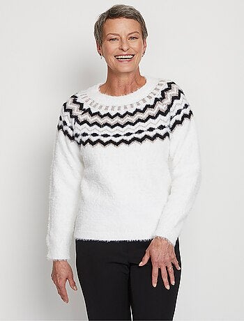 Pull col rond maille poilue jacquard soleil