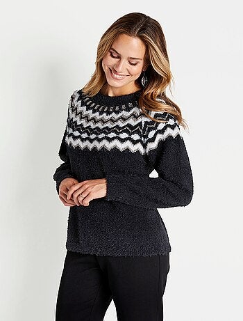 Pull col rond maille poilue jacquard soleil