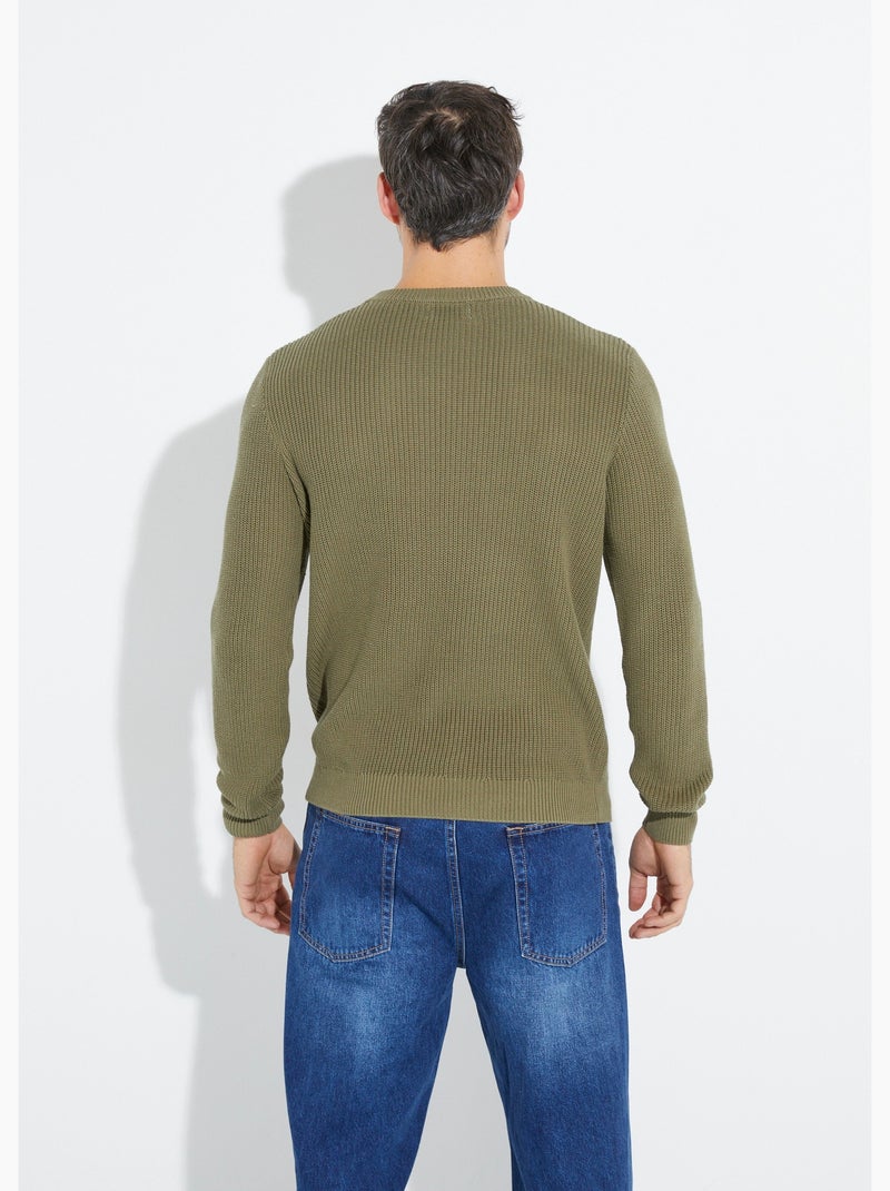 Pull col rond maille torsadée pur coton - afibel Kaki - Kiabi