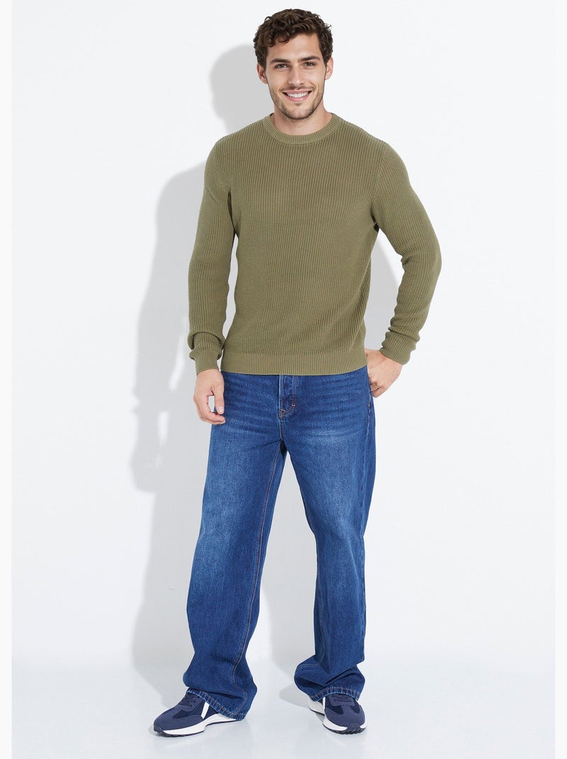 Pull col rond maille torsadée pur coton - afibel Kaki - Kiabi