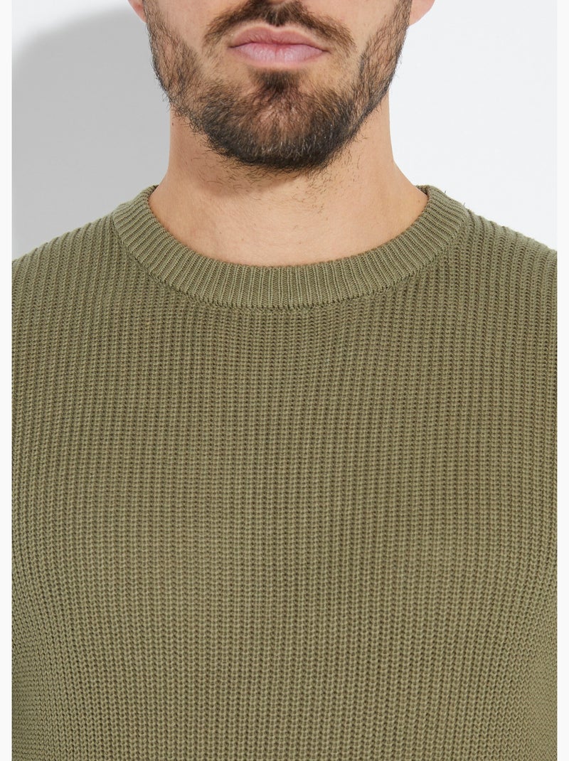Pull col rond maille torsadée pur coton - afibel Kaki - Kiabi
