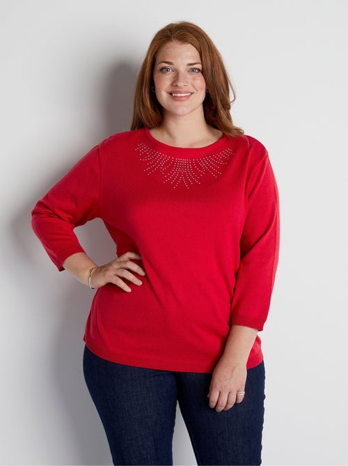 Pull col rond manches 3/4 fantaisie cloutée - Afibel - Kiabi