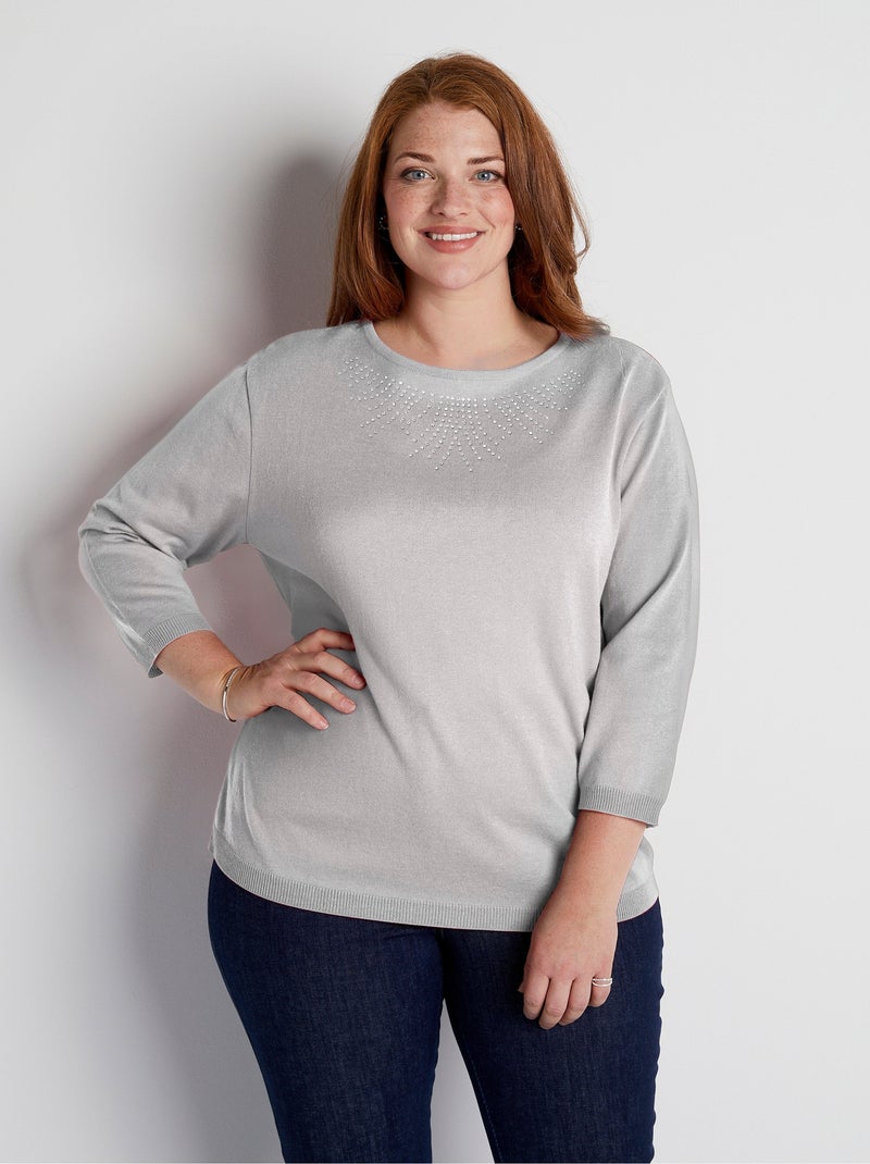 Pull col rond manches 3/4 fantaisie cloutée Argenté - Kiabi