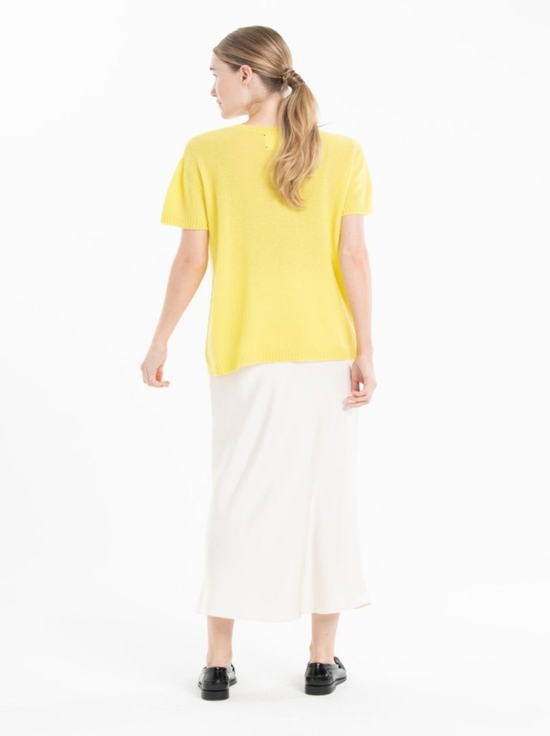 Pull col rond manches courtes femme 100% cachemire déjaugé - KELLY 15 Jaune fluo - Kiabi