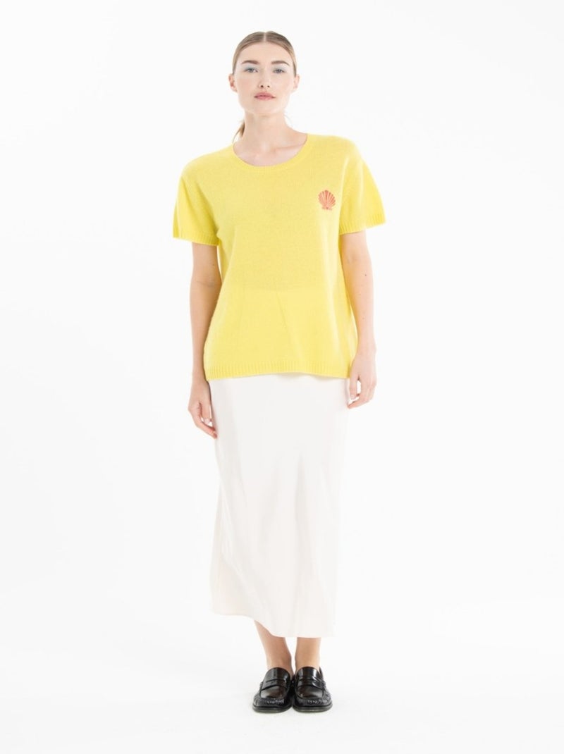 Pull col rond manches courtes femme 100% cachemire déjaugé - KELLY 15 Jaune fluo - Kiabi