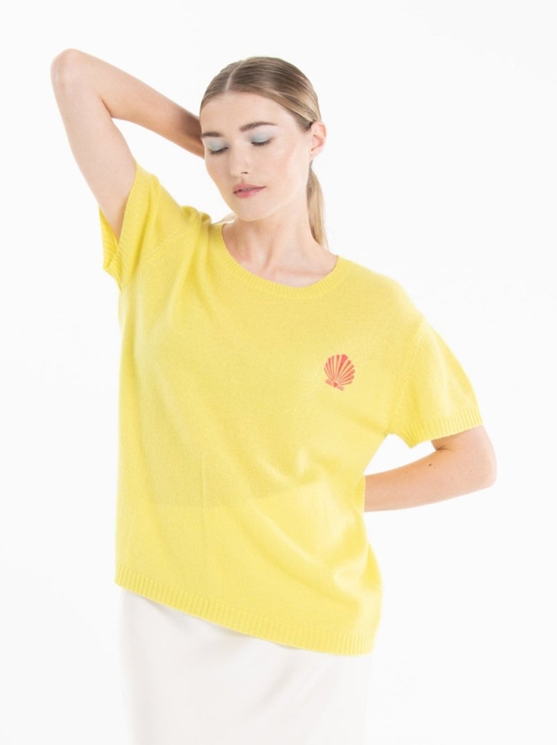 Pull col rond manches courtes femme 100% cachemire déjaugé - KELLY 15 Jaune fluo - Kiabi