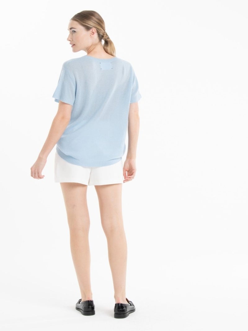 Pull col rond manches courtes femme 100% cachemire déjaugé - KELLY 18 Bleu clair - Kiabi