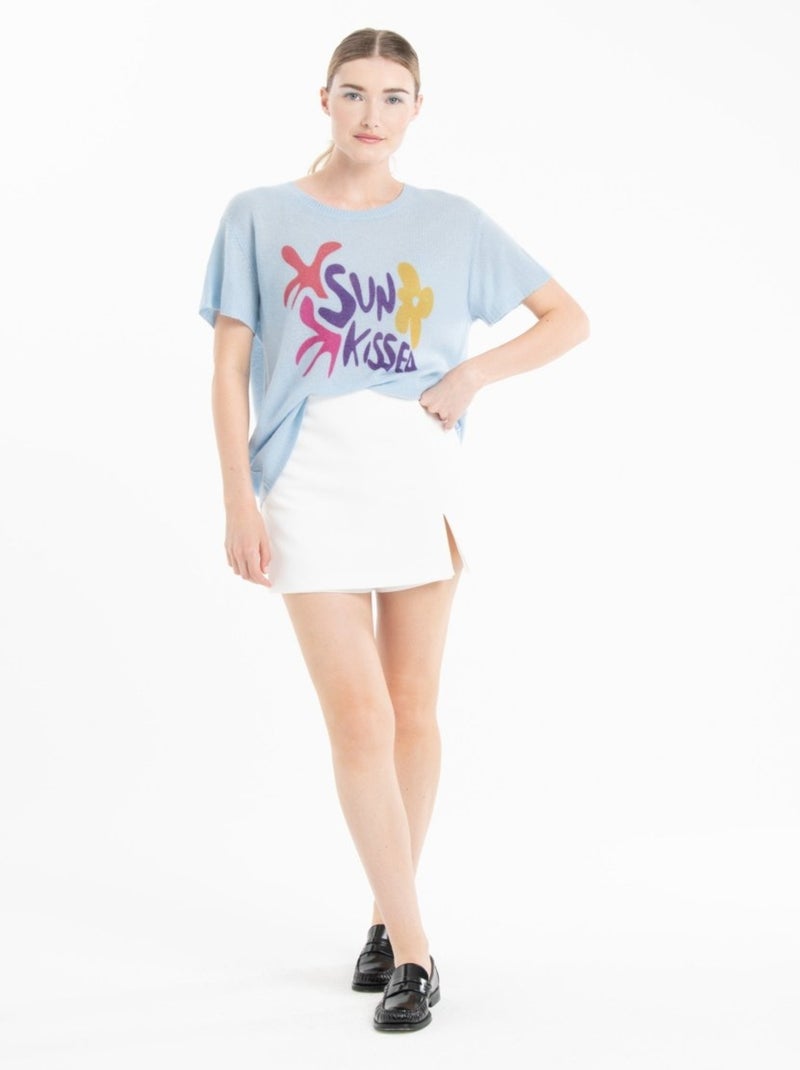 Pull col rond manches courtes femme 100% cachemire déjaugé - KELLY 18 Bleu clair - Kiabi