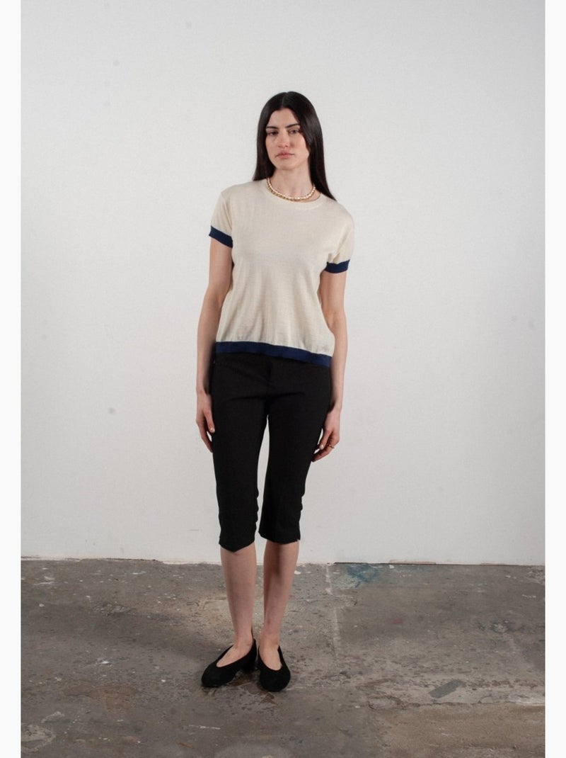 Pull col rond manches courtes femme 100% cachemire & laine ultrafin - KELLY 1 Blanc Bleu - Kiabi