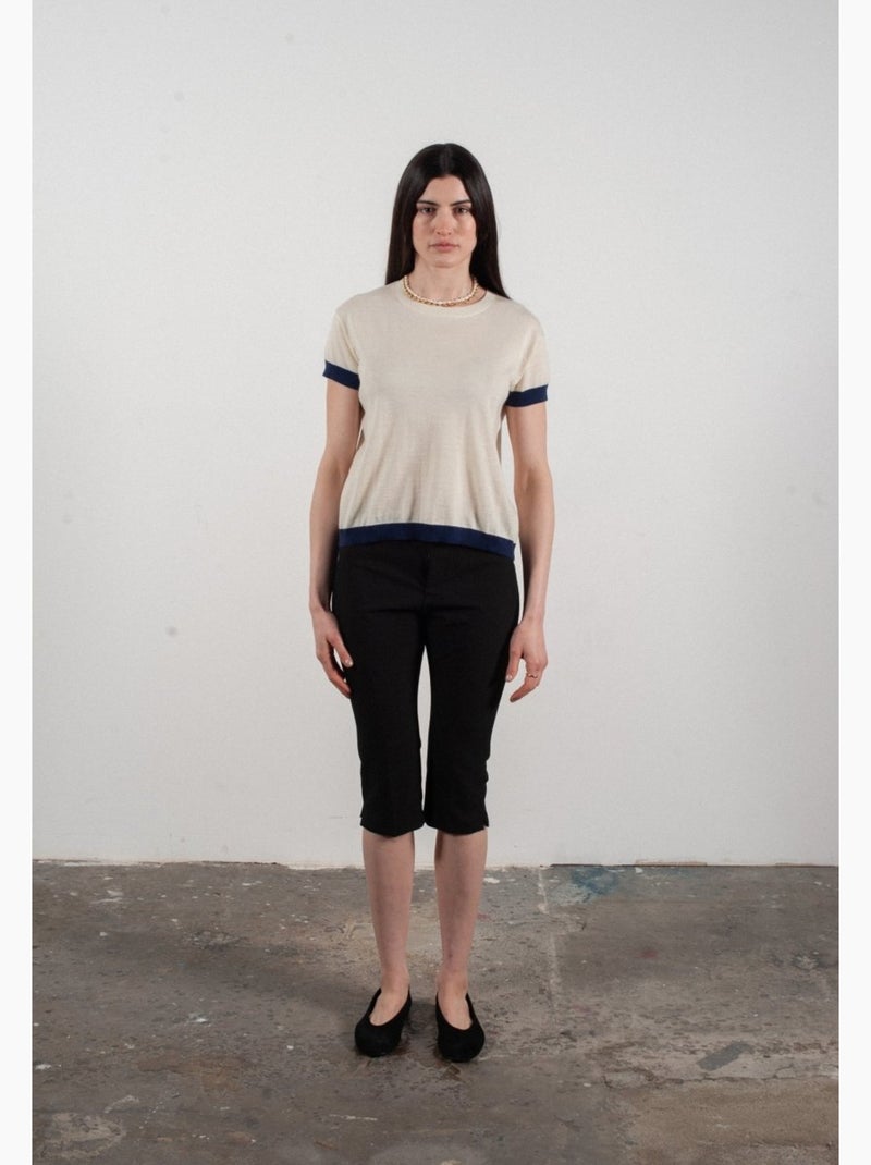 Pull col rond manches courtes femme 100% cachemire & laine ultrafin - KELLY 1 Blanc Bleu - Kiabi