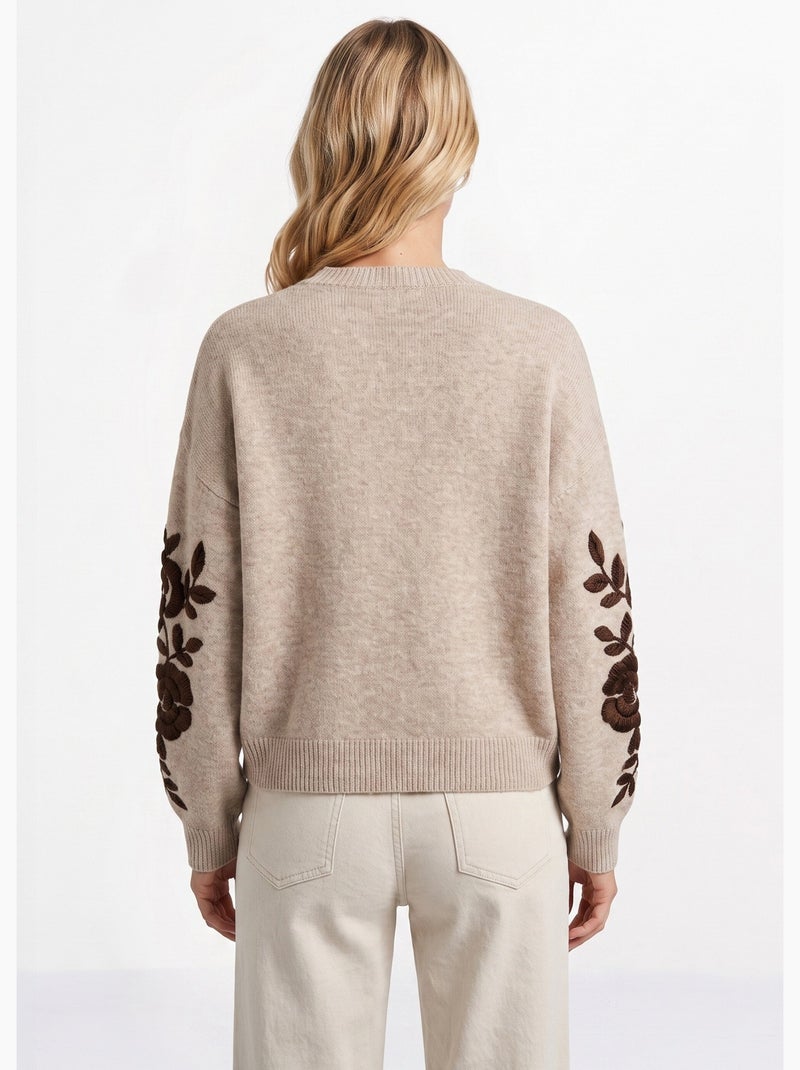 Pull col rond manches longues brodées - afibel Beige - Kiabi