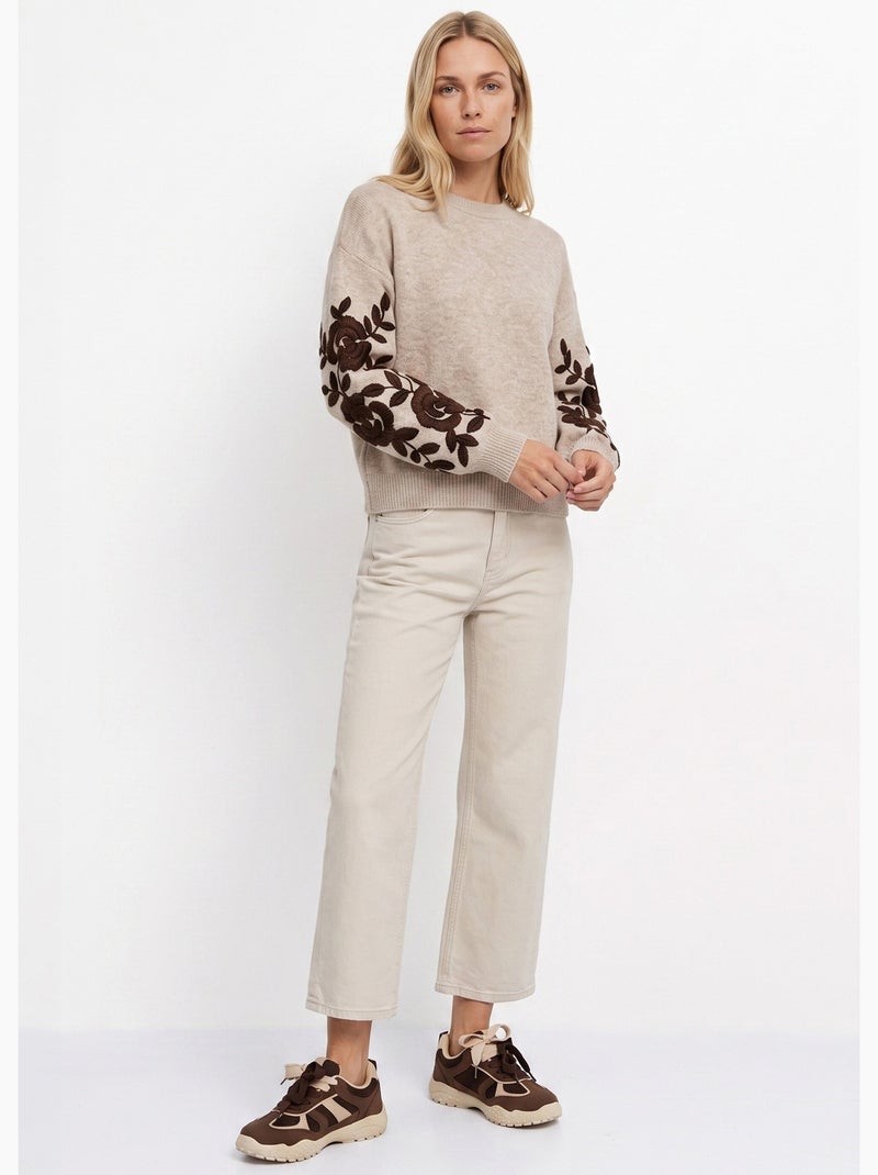 Pull col rond manches longues brodées - afibel Beige - Kiabi
