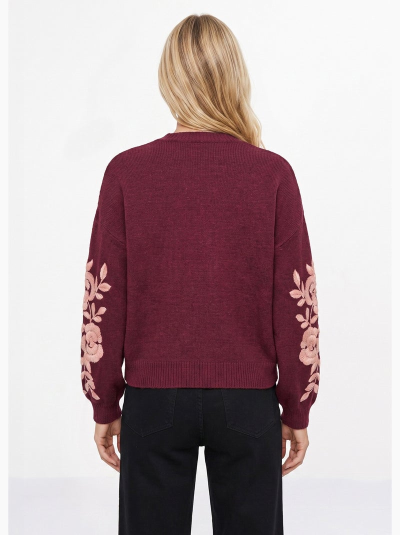 Pull col rond manches longues brodées - afibel Bordeaux - Kiabi