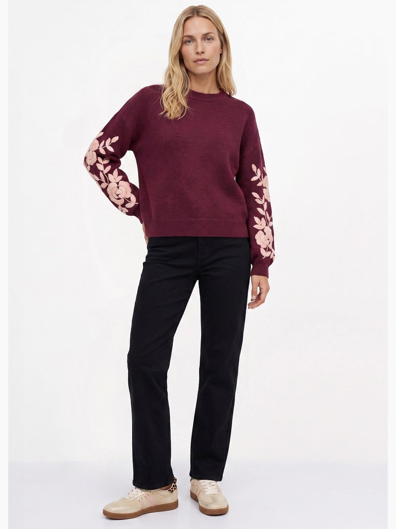 Pull col rond manches longues brodées - afibel Bordeaux - Kiabi